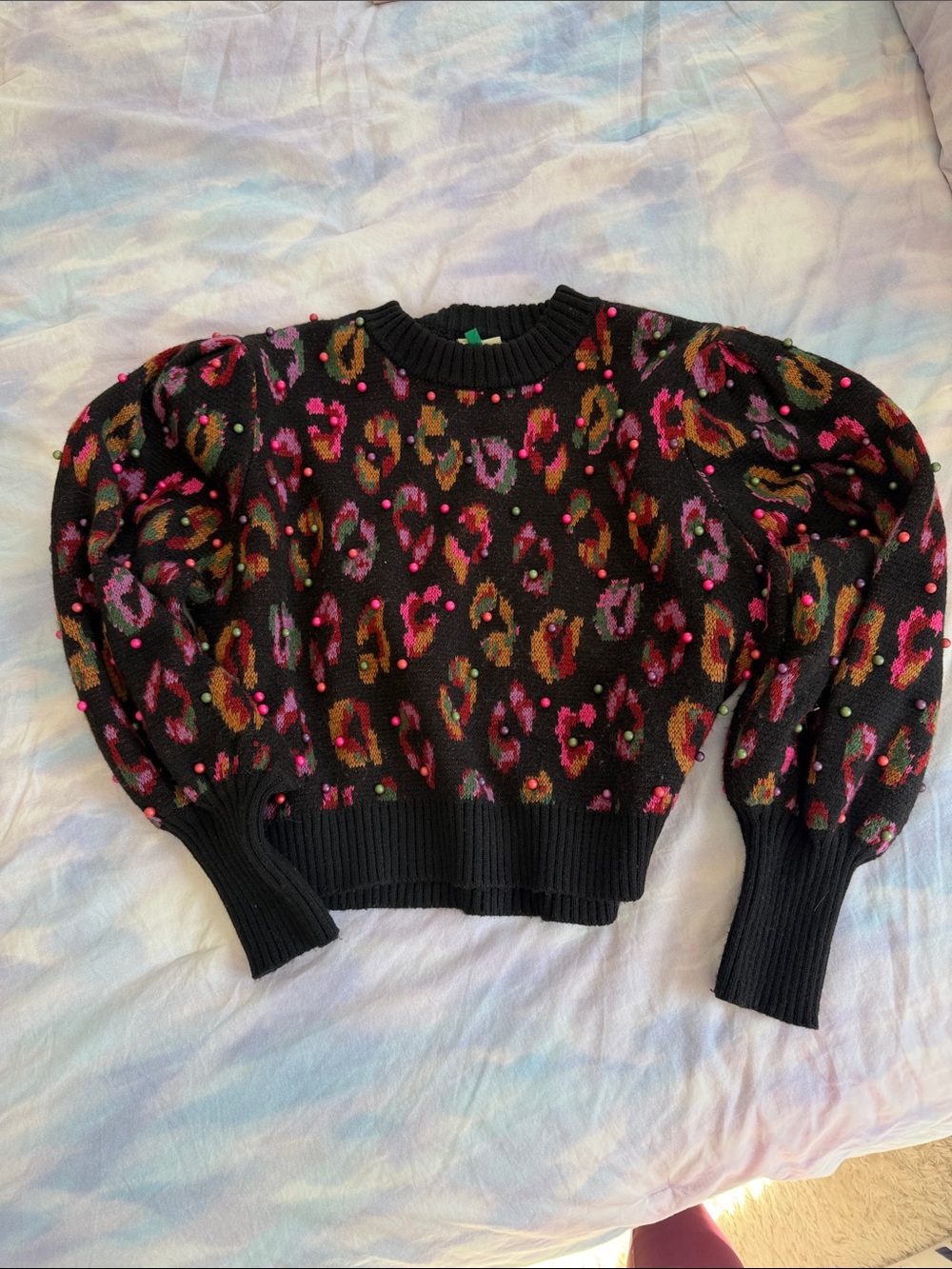 Farm Rio colorful Leopard Print Puff-Sleeve Sweater